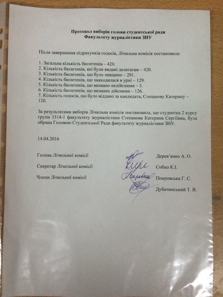 Протокол виборів голови студради факультету журналістики